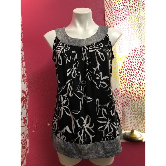 ROBERT LOUIS Black White Grey Top Sleeveless Floral Scoop Neck Small - Picture 1 of 5